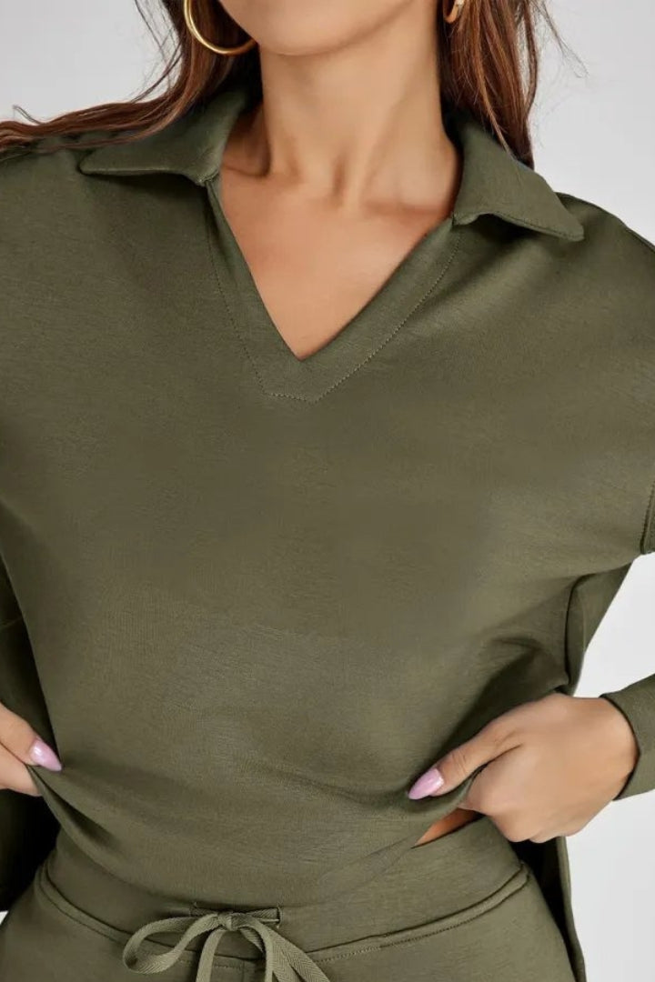 WOMEN’S LOUNGE SET | V-NECK COLLARED TOP & WIDE-LEG PANTS