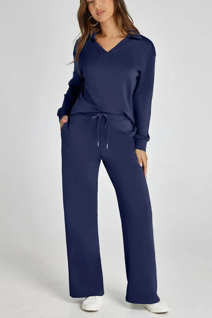 WOMEN’S LOUNGE SET | V-NECK COLLARED TOP & WIDE-LEG PANTS