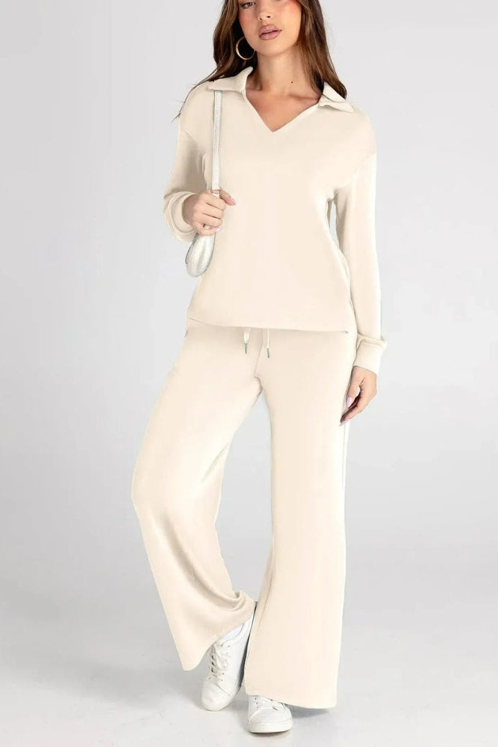 WOMEN’S LOUNGE SET | V-NECK COLLARED TOP & WIDE-LEG PANTS