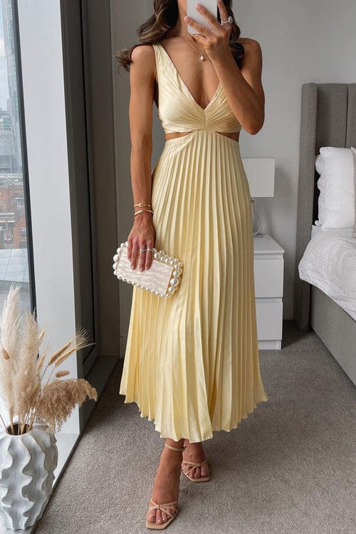 CHRISTMAS MIDI DRESS | PLEATED WITH CUT-OUT WAIST & V-NECKLINE