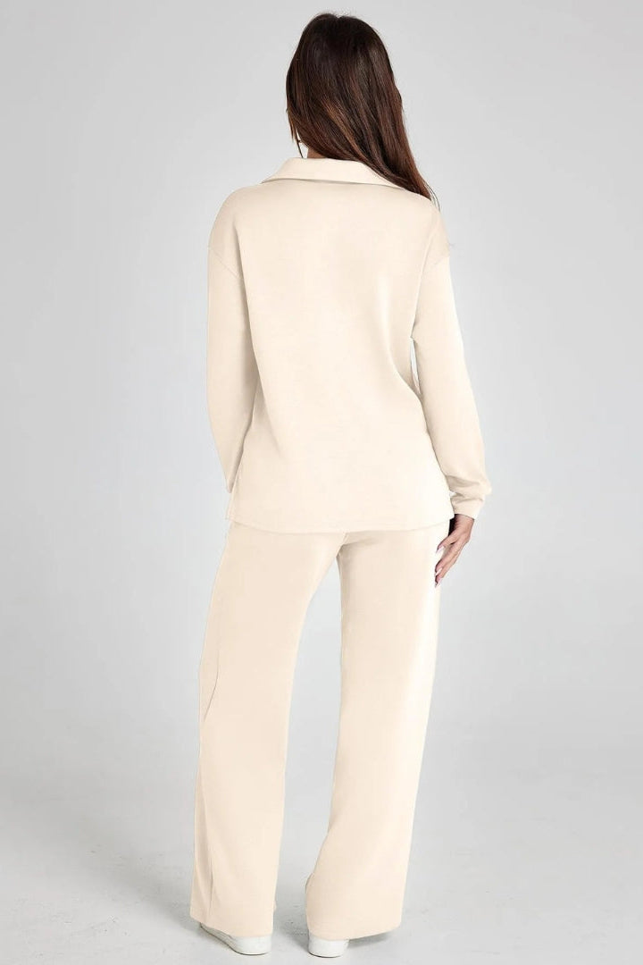 WOMEN’S LOUNGE SET | V-NECK COLLARED TOP & WIDE-LEG PANTS