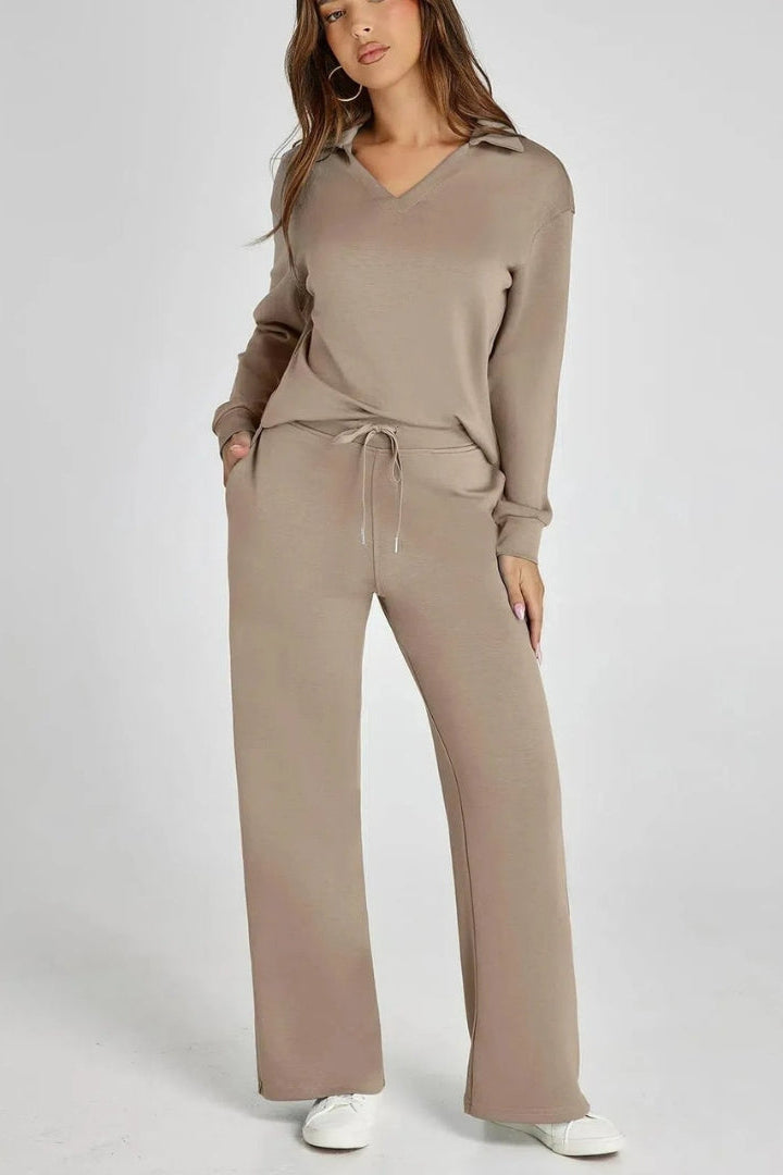 WOMEN’S LOUNGE SET | V-NECK COLLARED TOP & WIDE-LEG PANTS