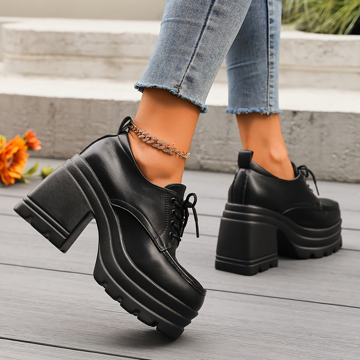 PLATFORM SHOES | RETRO CHUNKY LACE-UP BLOCK HEEL BOOTS