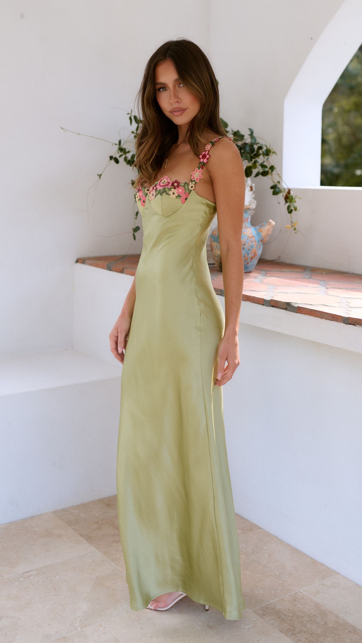 GREEN PARTY DRESS | FITTED FLORAL EMBROIDERED BUSTIER