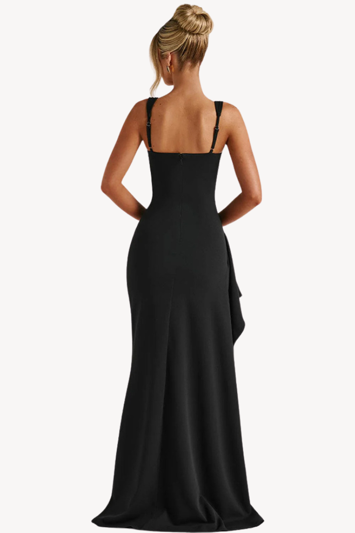 BLACK EVENING DRESS | SIDE SLIT & SQUARE NECKLINE