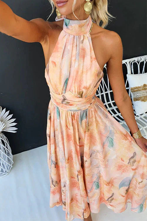 HALTER NECK FLORAL DRESS | PLEATED MIDI FIT FOR WEDDING GUESTS
