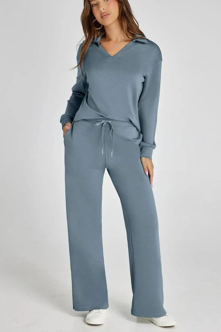 WOMEN’S LOUNGE SET | V-NECK COLLARED TOP & WIDE-LEG PANTS