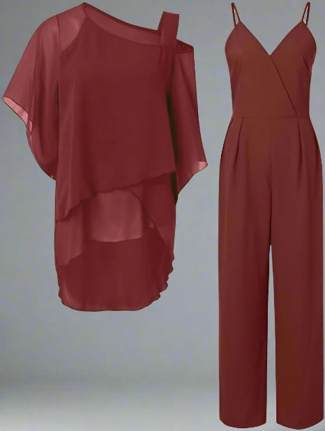 ASYMMETRICAL CHIFFON TOP & WIDE-LEG TROUSERS TWO-PIECE SET