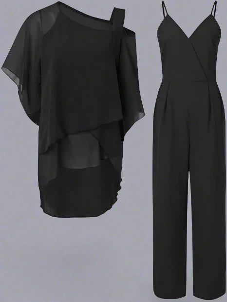 ASYMMETRICAL CHIFFON TOP & WIDE-LEG TROUSERS TWO-PIECE SET