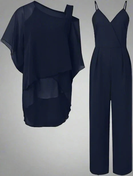 ASYMMETRICAL CHIFFON TOP & WIDE-LEG TROUSERS TWO-PIECE SET