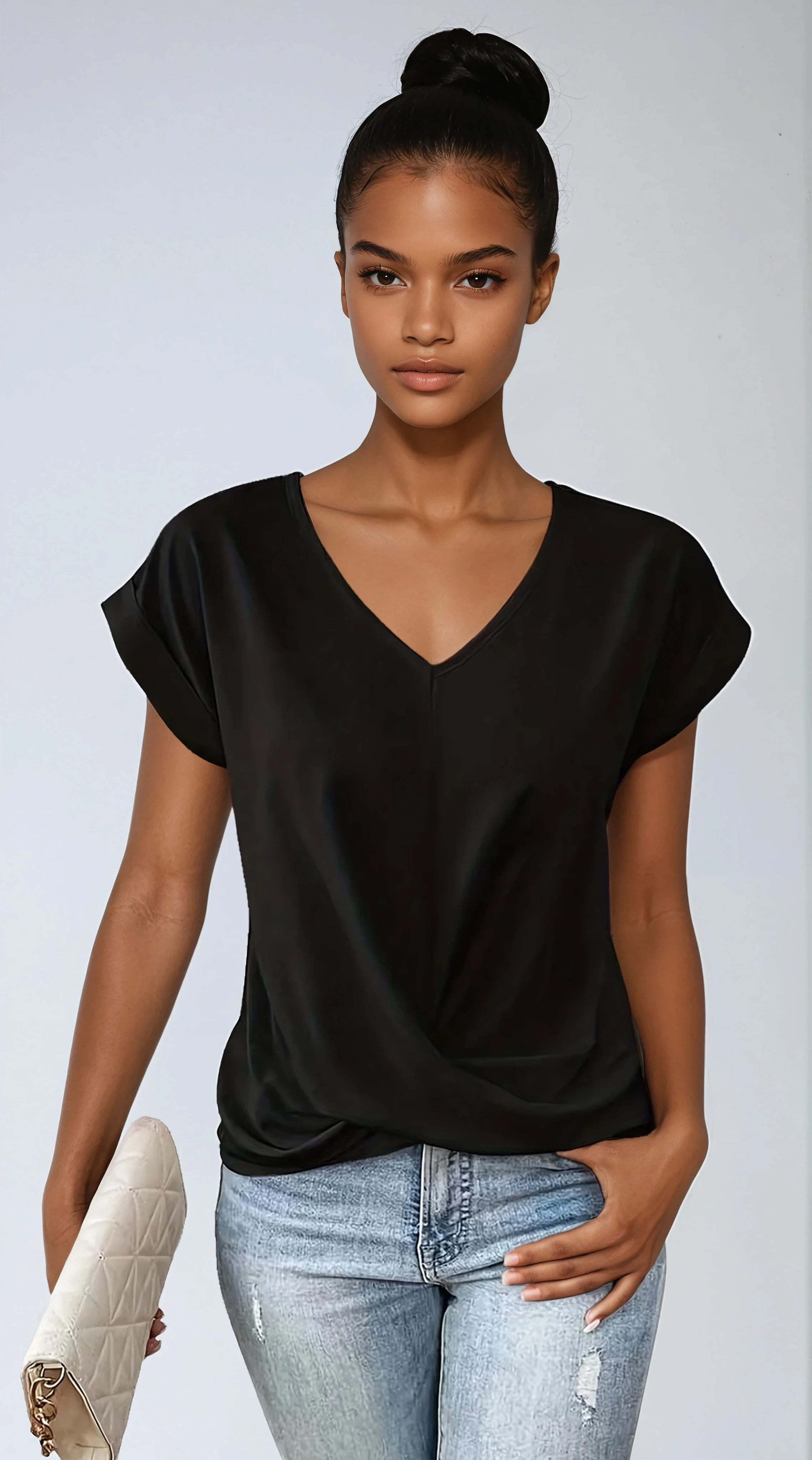 URBAN ELEGANCE | BLACK SATIN V-NECK BLOUSE