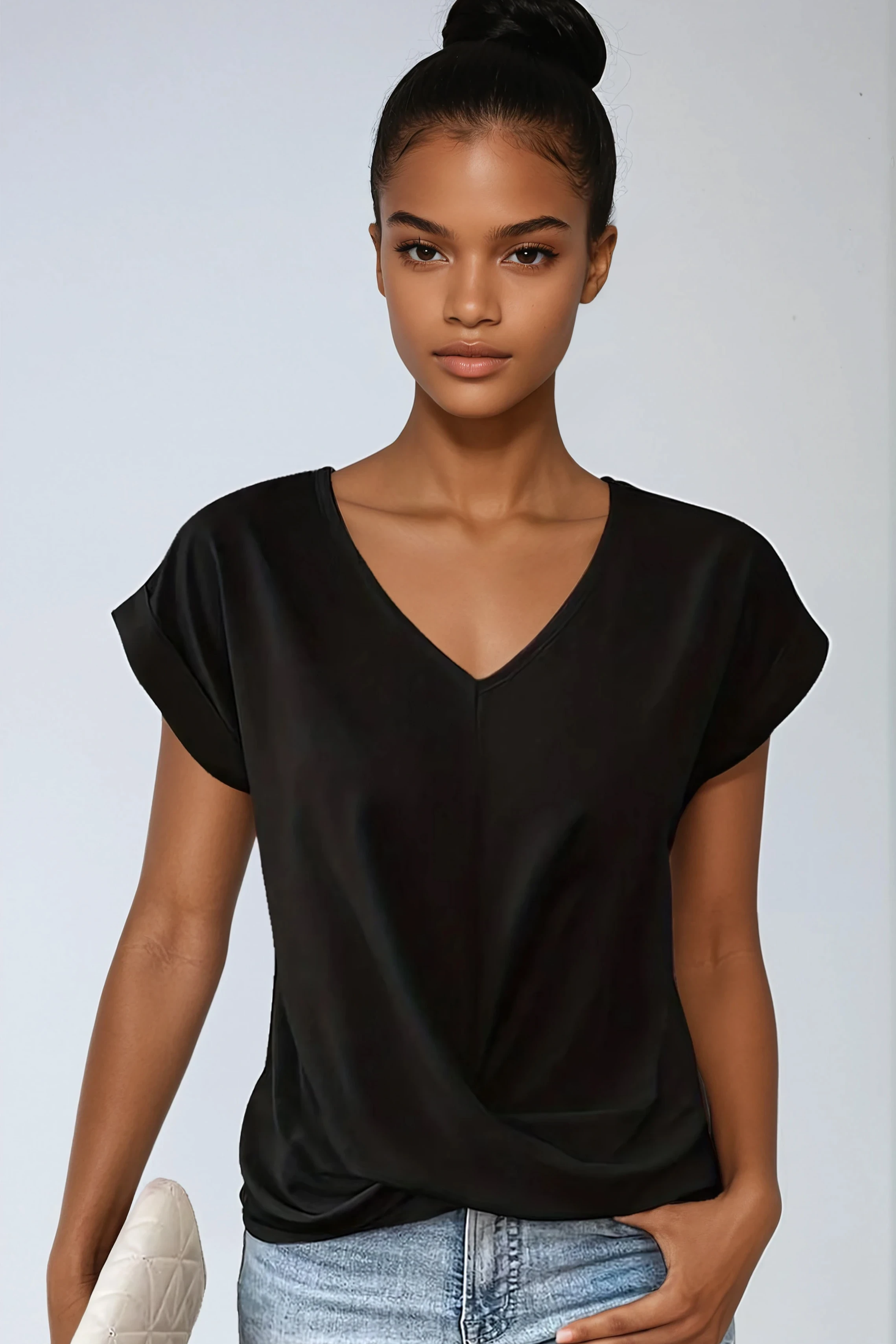 URBAN ELEGANCE | BLACK SATIN V-NECK BLOUSE