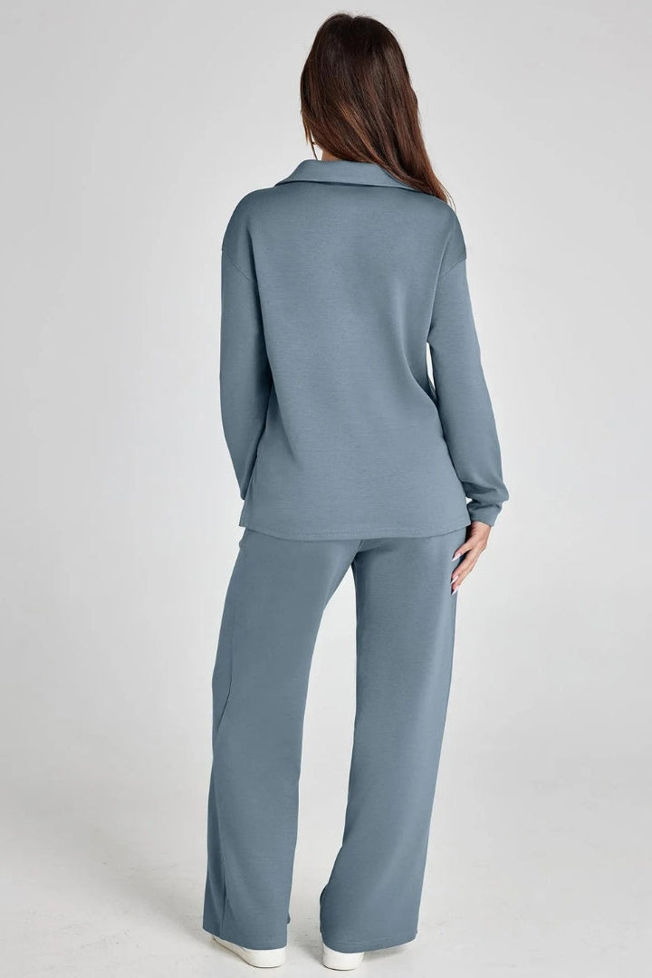 WOMEN’S LOUNGE SET | V-NECK COLLARED TOP & WIDE-LEG PANTS