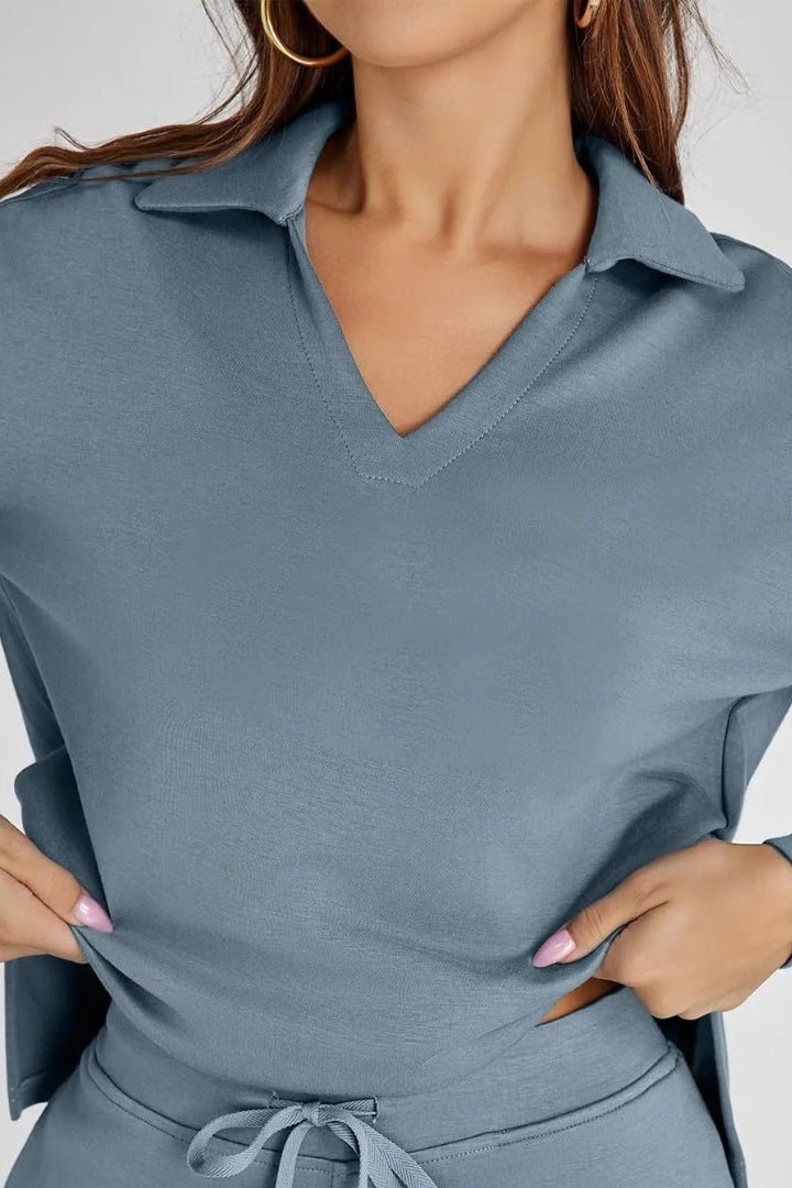 WOMEN’S LOUNGE SET | V-NECK COLLARED TOP & WIDE-LEG PANTS