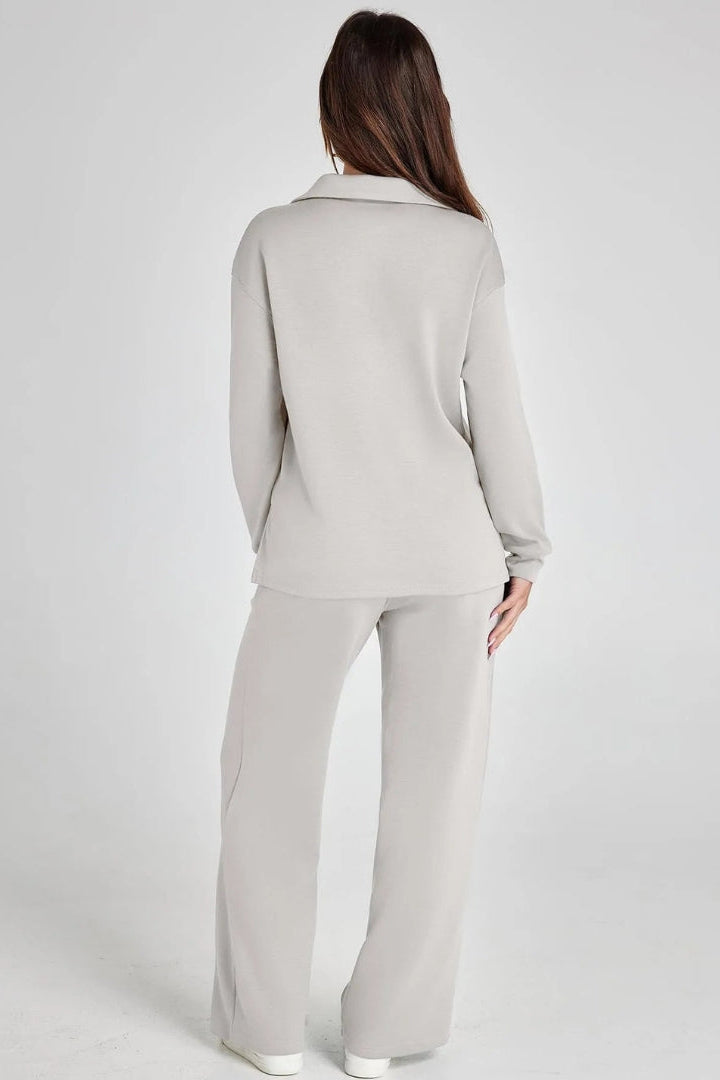 WOMEN’S LOUNGE SET | V-NECK COLLARED TOP & WIDE-LEG PANTS