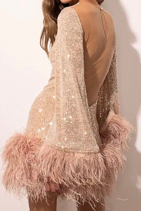 SEQUIN DRESS | FEATHER TRIM HEM & LOW BACK SILHOUETTE