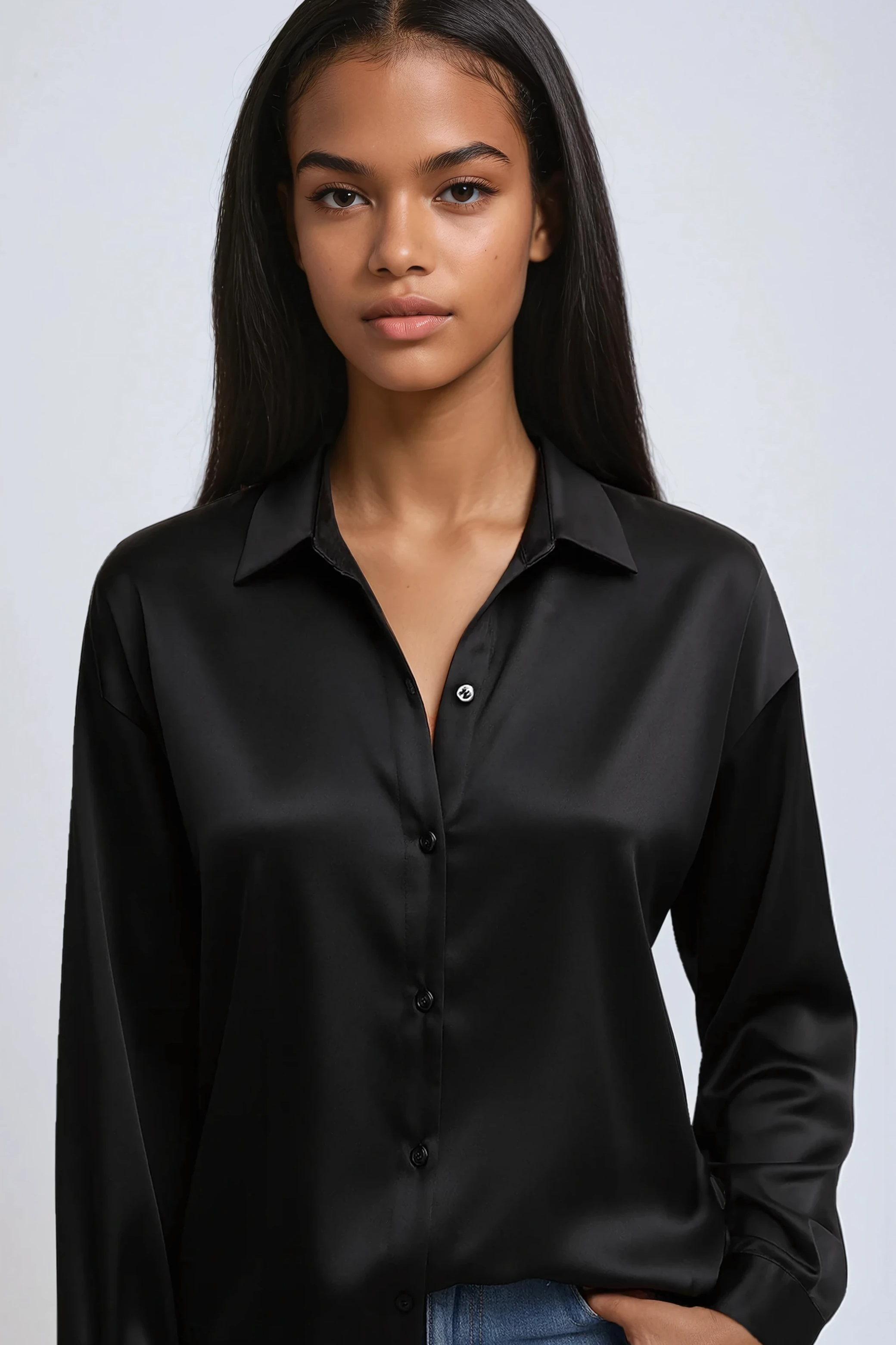 MIDNIGHT ELEGANCE | SATIN BUTTON-UP BLOUSE