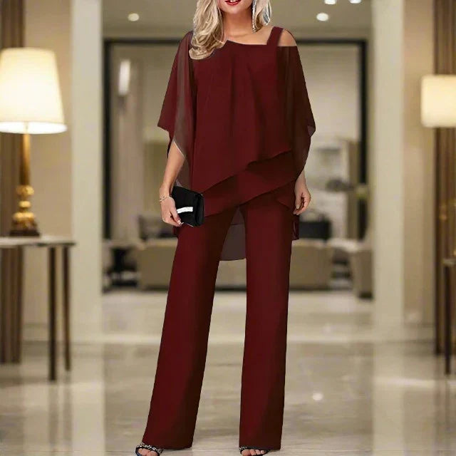 ASYMMETRICAL CHIFFON TOP & WIDE-LEG TROUSERS TWO-PIECE SET