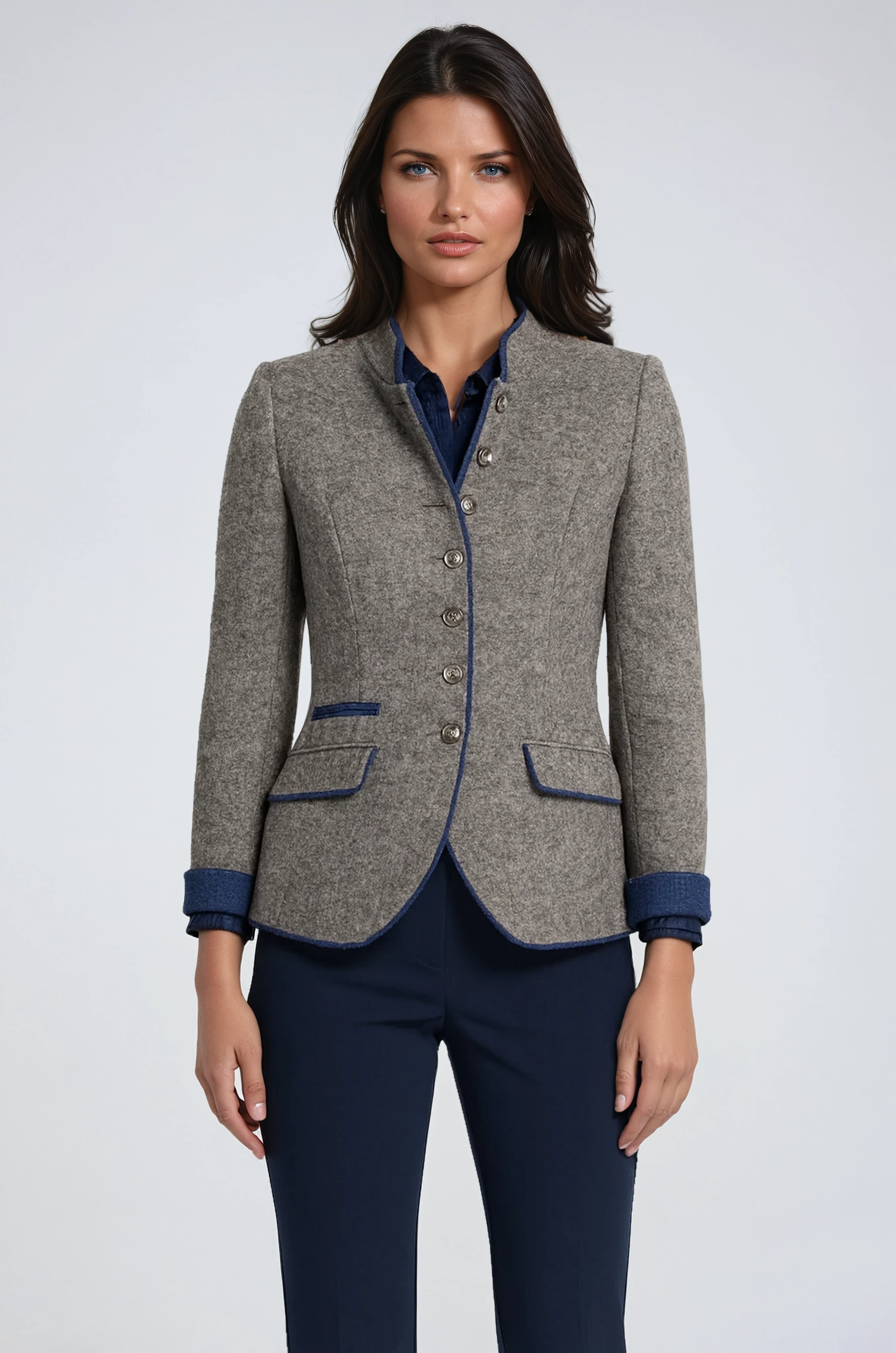 ELEGANT WOOL BLEND STAND COLLAR BLAZER