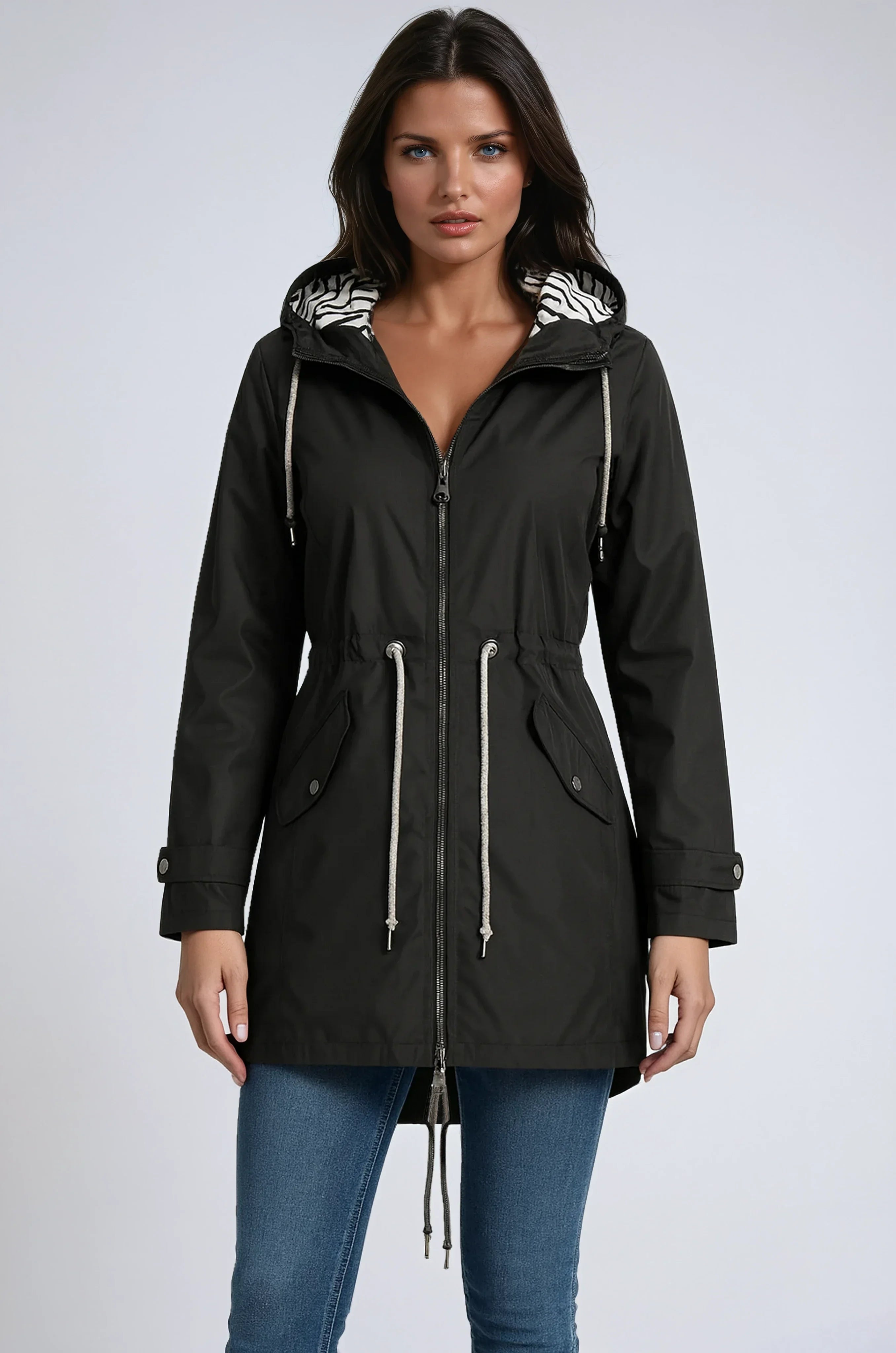 RAIN JACKET | PARKA COAT WITH HOOD AND DRAWSTRING WAIST