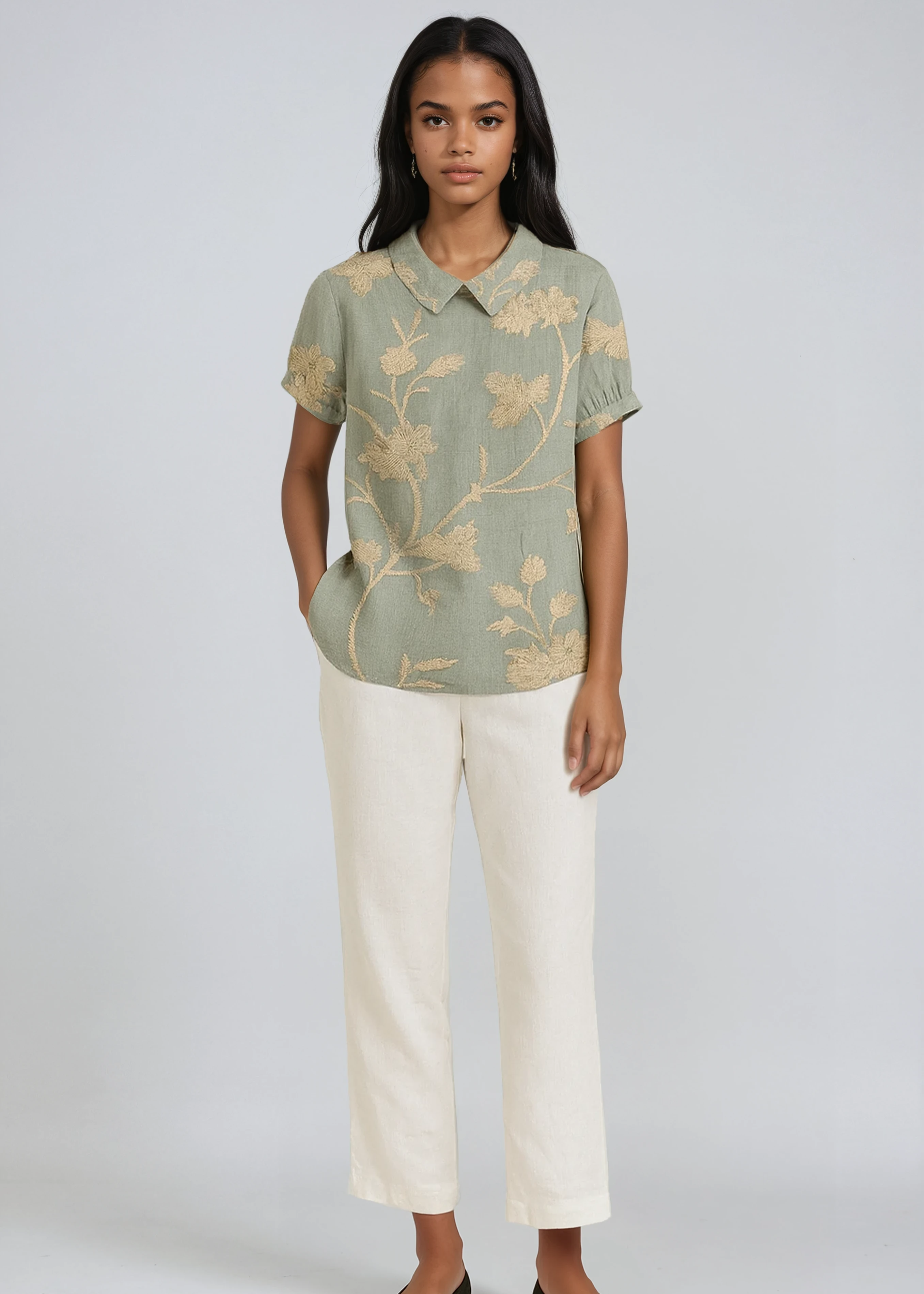 BOTANICAL CHARM | GREEN LINEN BLOUSE WITH FLORAL EMBROIDERY