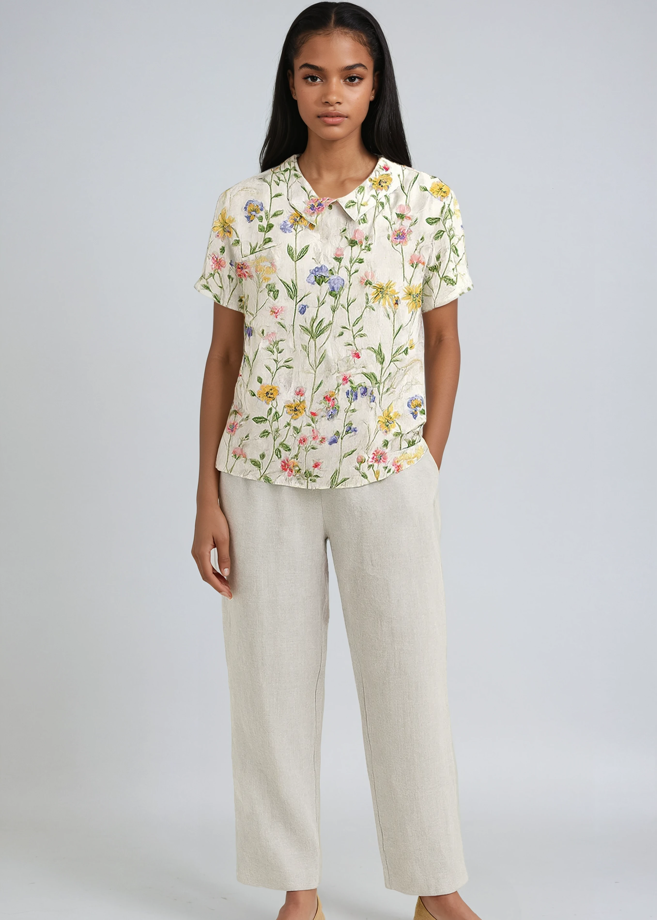 BOTANICAL CHARM | GREEN LINEN BLOUSE WITH FLORAL EMBROIDERY