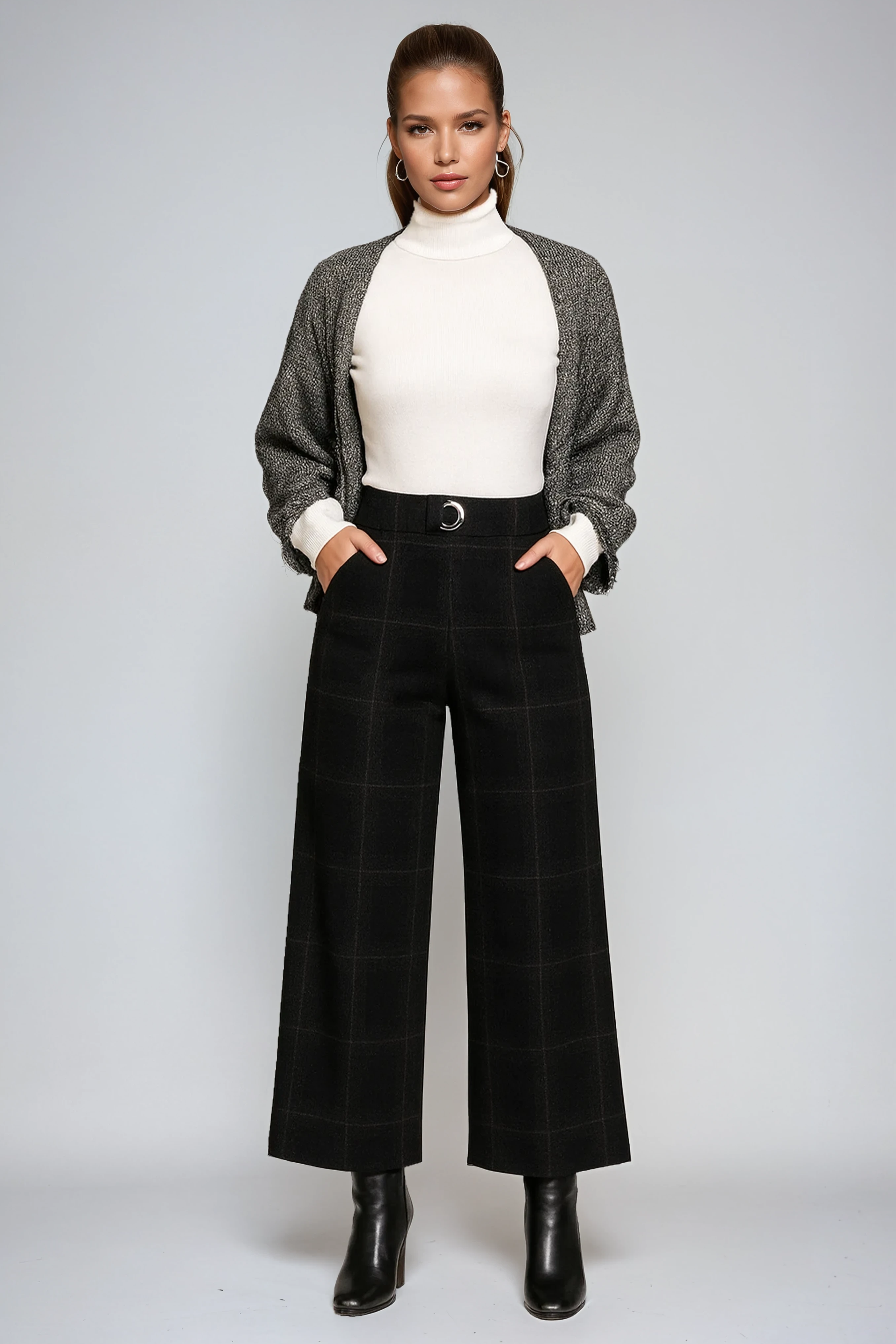 URBAN ELEGANCE | BELTED WIDE LEG CROPPED TROUSERS WITH CHECK PATTERN