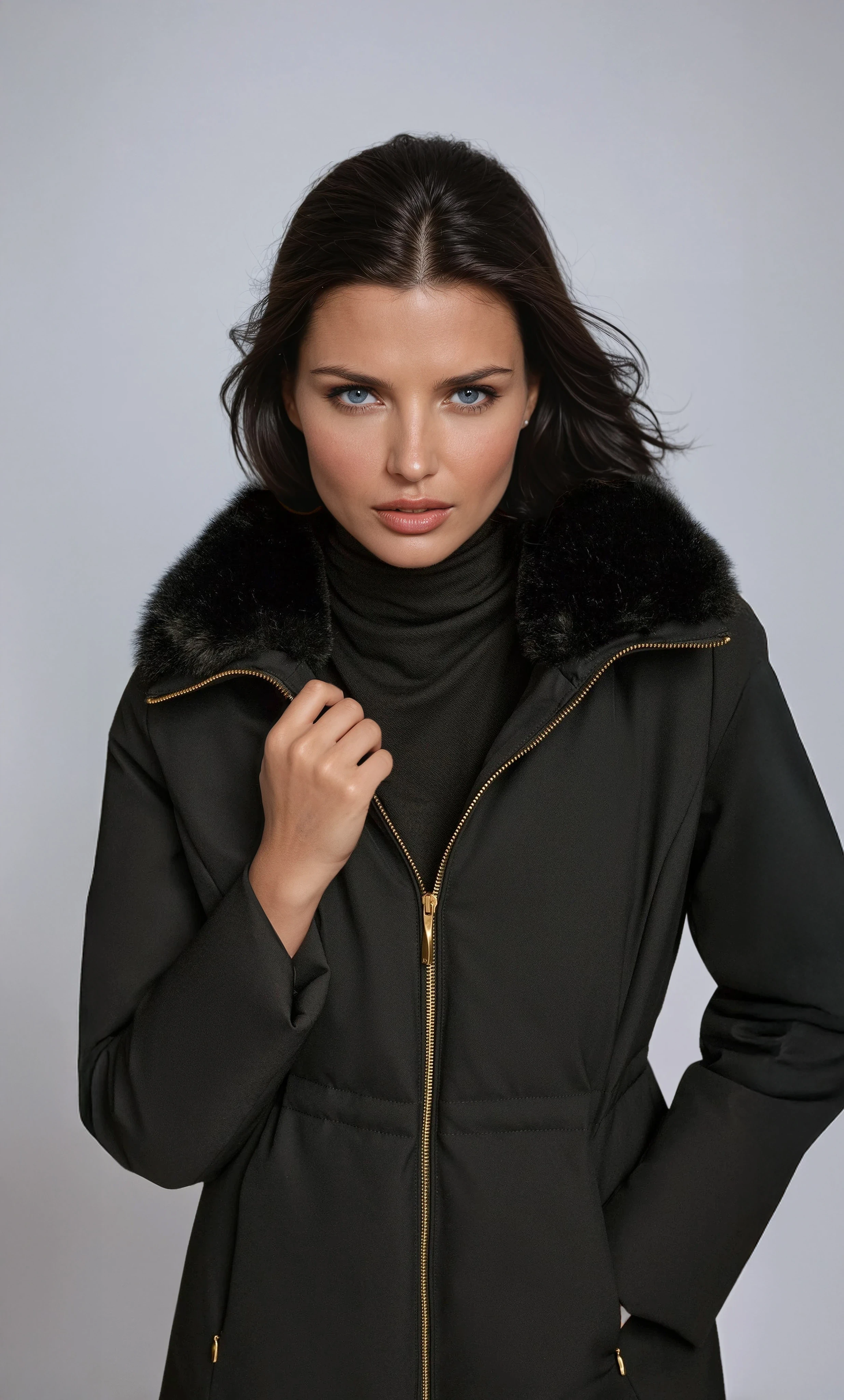 WINTER COAT | BLACK ZIP JACKET WITH FUR COLLAR