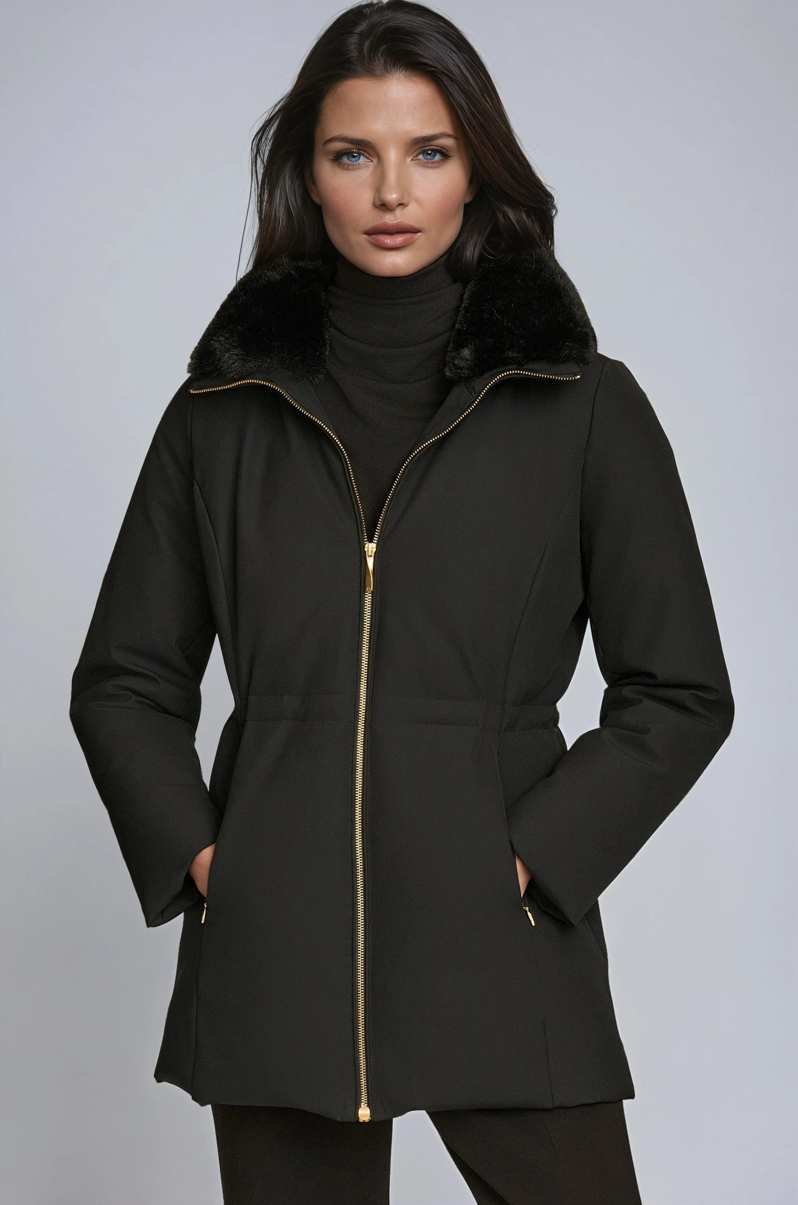 WINTER COAT | BLACK ZIP JACKET WITH FUR COLLAR
