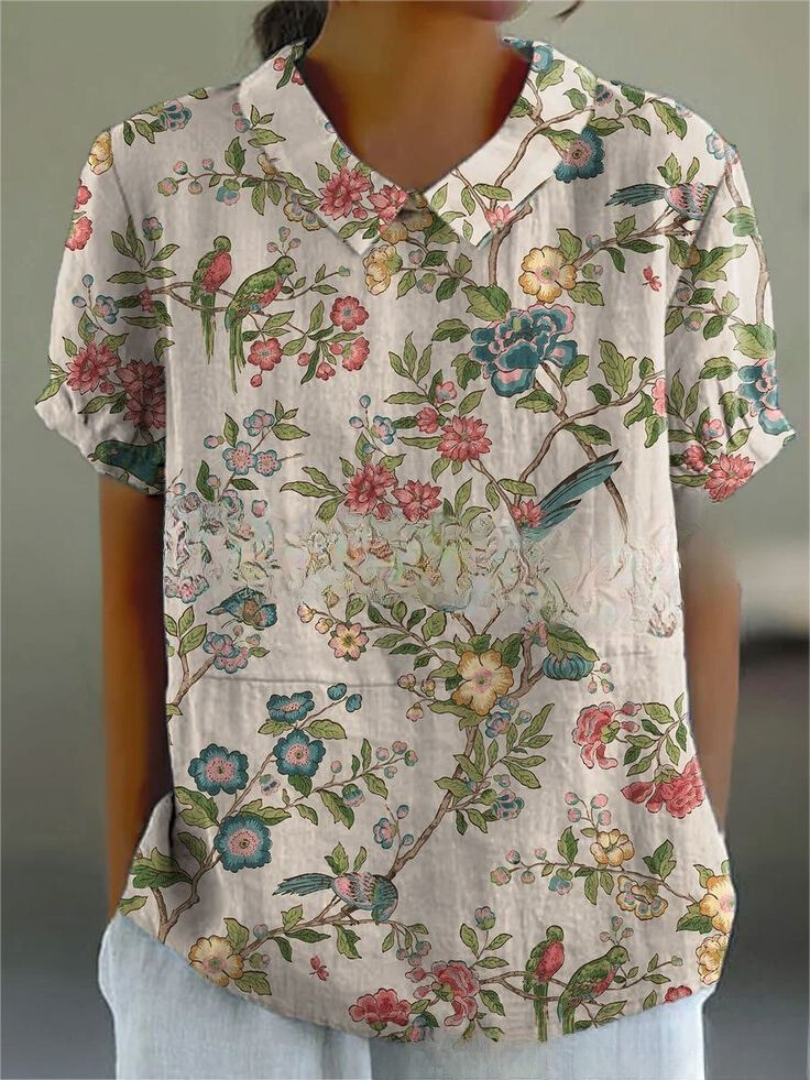 BOTANICAL CHARM | GREEN LINEN BLOUSE WITH FLORAL EMBROIDERY