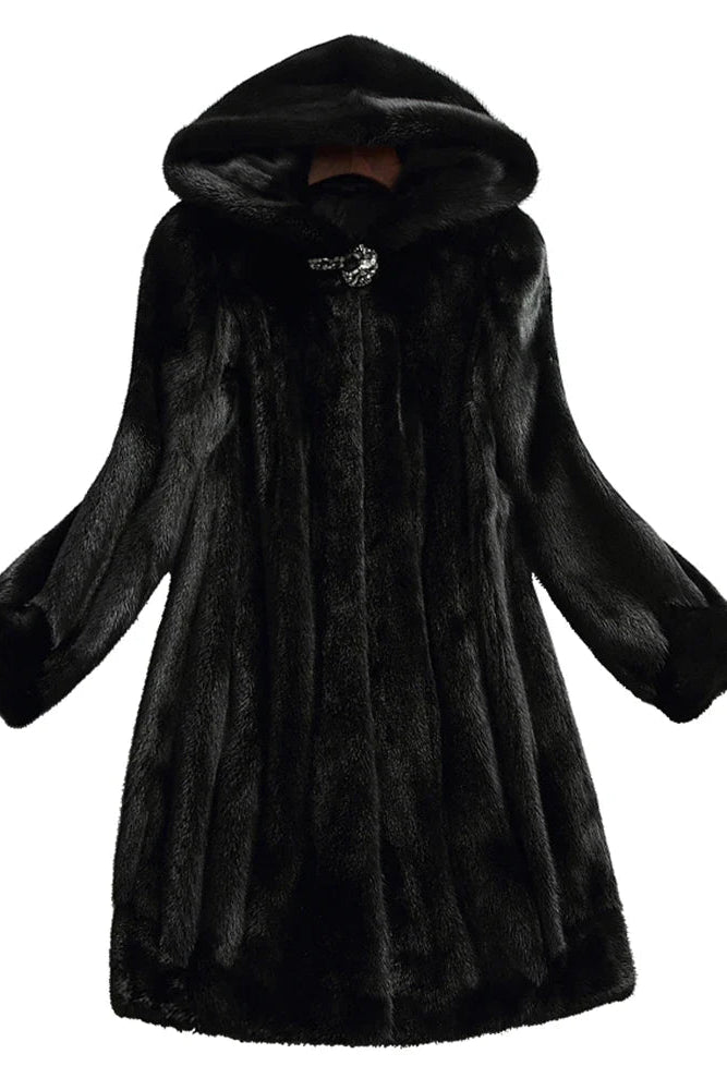 WOMEN’S BLACK FUR COAT | HOODED LONG OUTERWEAR