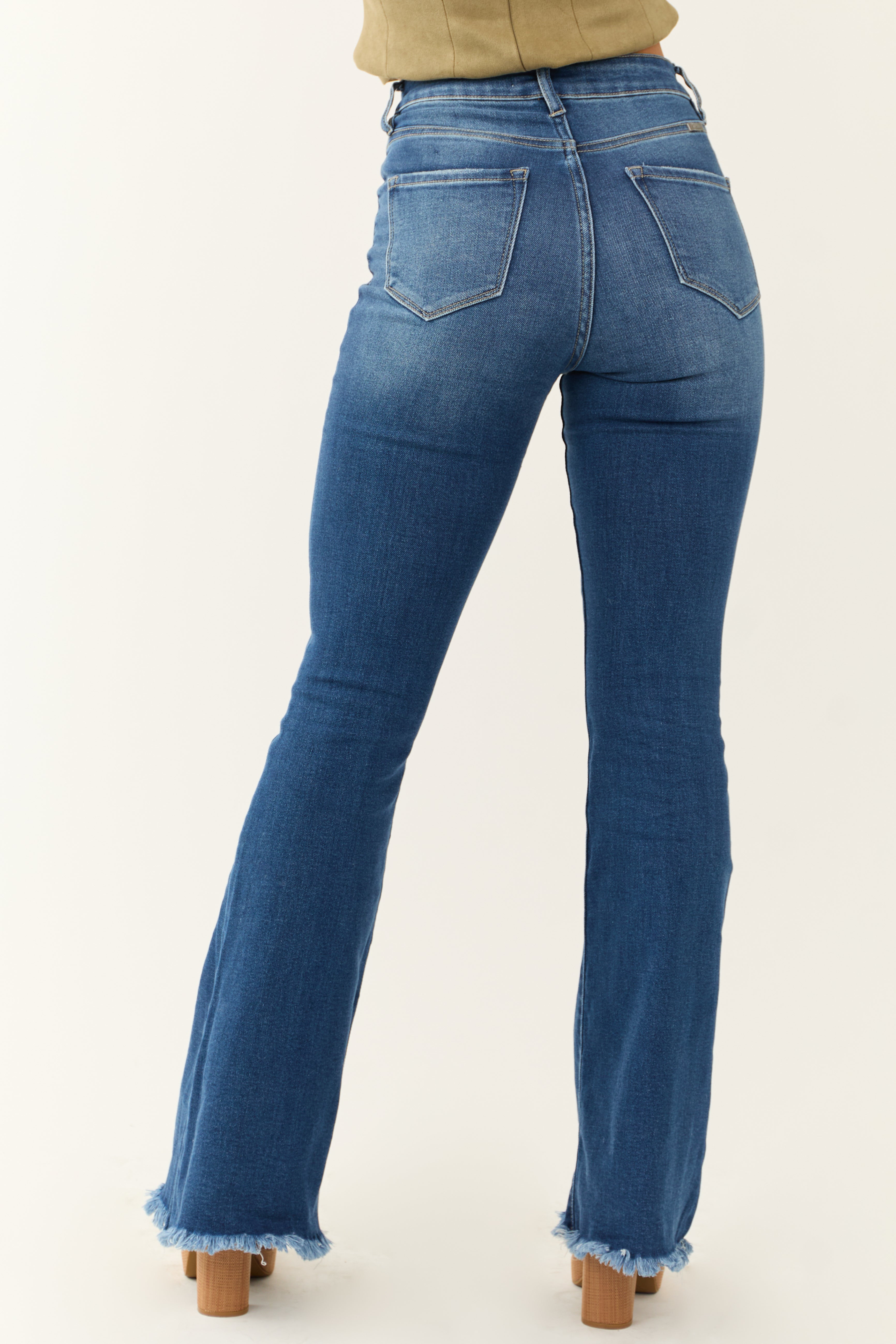 WOMEN’S FLARED JEANS | DARK BLUE HIGH WAIST HEM