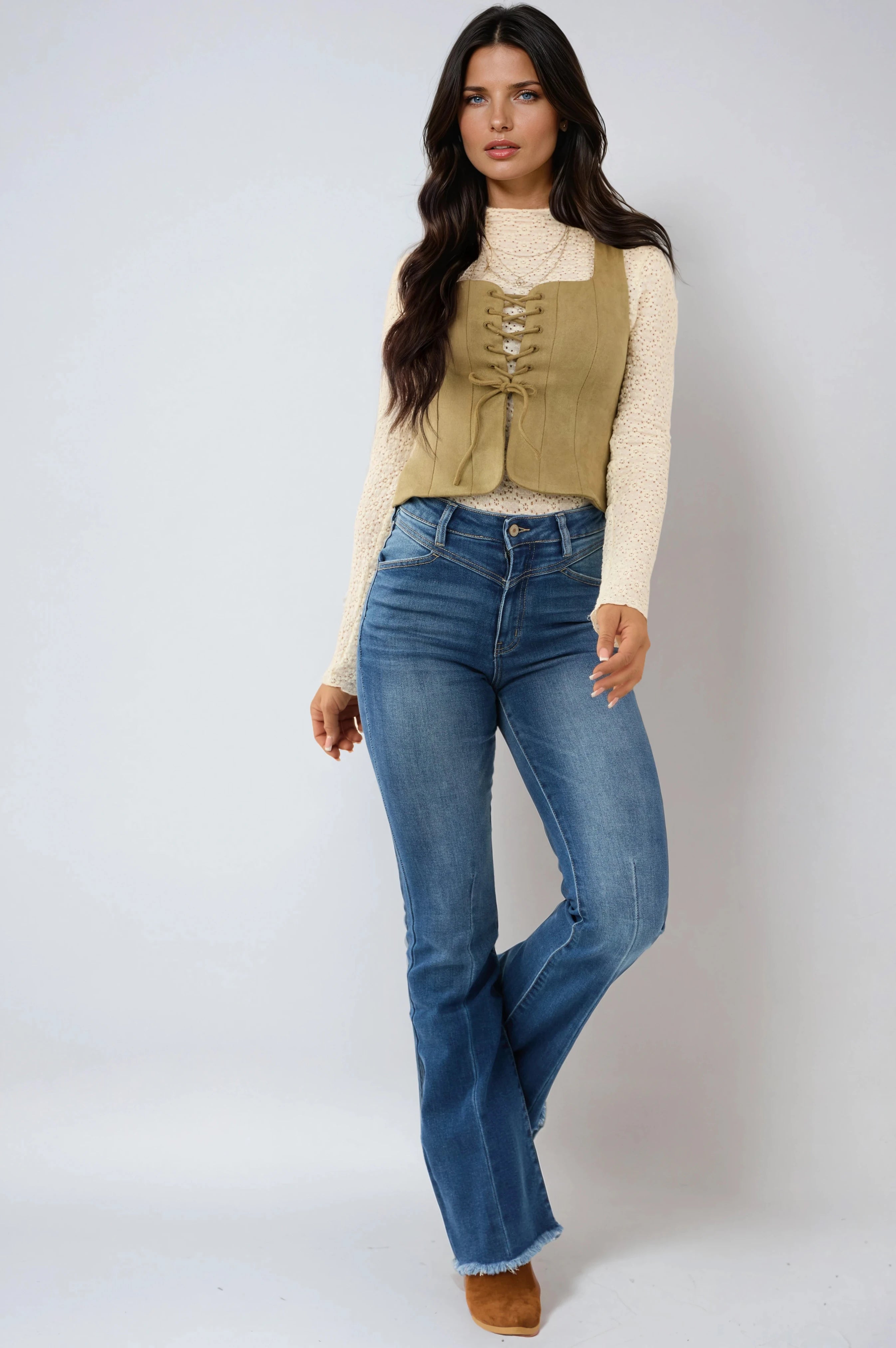 WOMEN’S FLARED JEANS | DARK BLUE HIGH WAIST HEM
