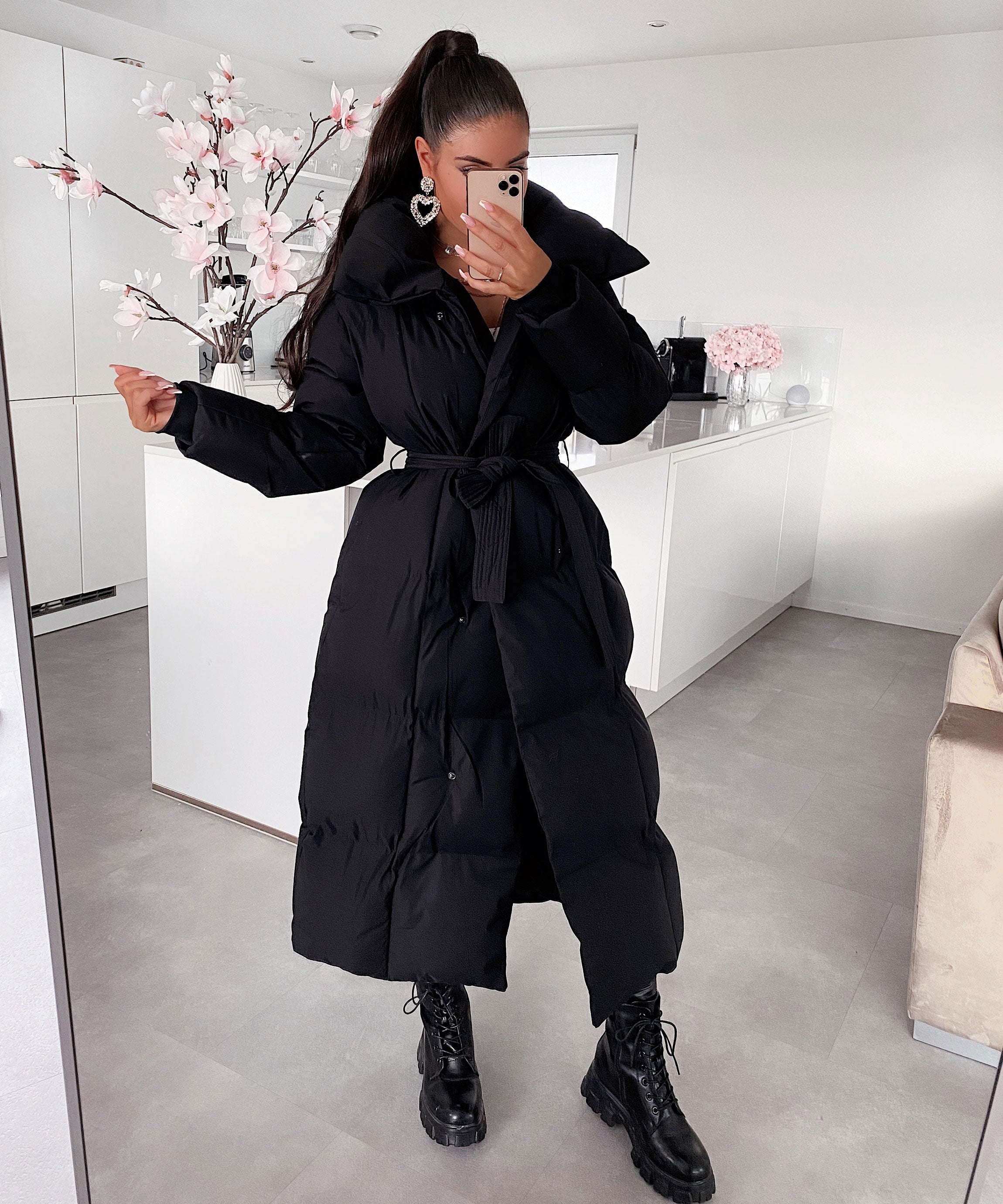 WOMEN’S LONG PUFFER COAT | BLACK MAXI BELTED WINTER JACKET