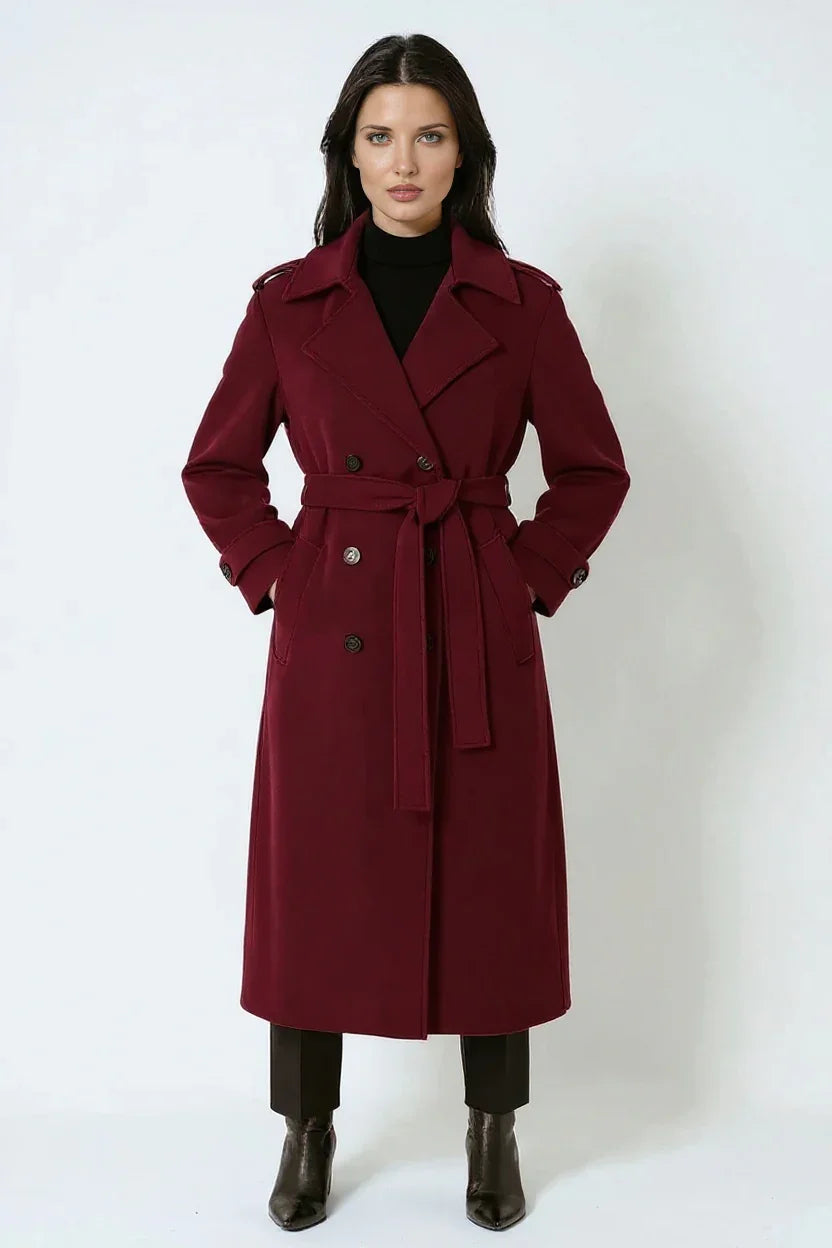 RED WOOL COAT | LONG DOUBLE BREASTED TRENCH WITH BELT