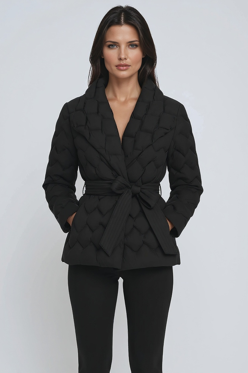 WOMEN’S PUFFER JACKET | BLACK QUILTED BELTED COAT
