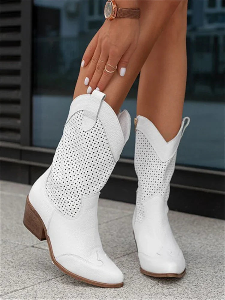 BOOTS | WESTERN COWBOY BOOTS WITH BLOCK HEEL AND CUT-OUT DESIGN