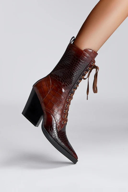 HEELED LACE-UP BOOTS | CROC-EMBOSSED LEATHER & POINTED TOE
