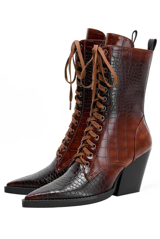 HEELED LACE-UP BOOTS | CROC-EMBOSSED LEATHER & POINTED TOE