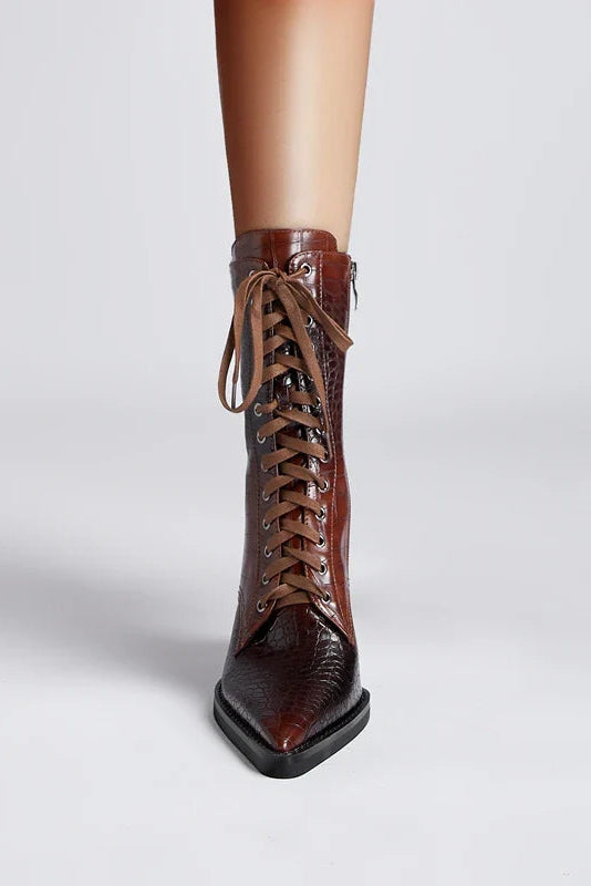 HEELED LACE-UP BOOTS | CROC-EMBOSSED LEATHER & POINTED TOE