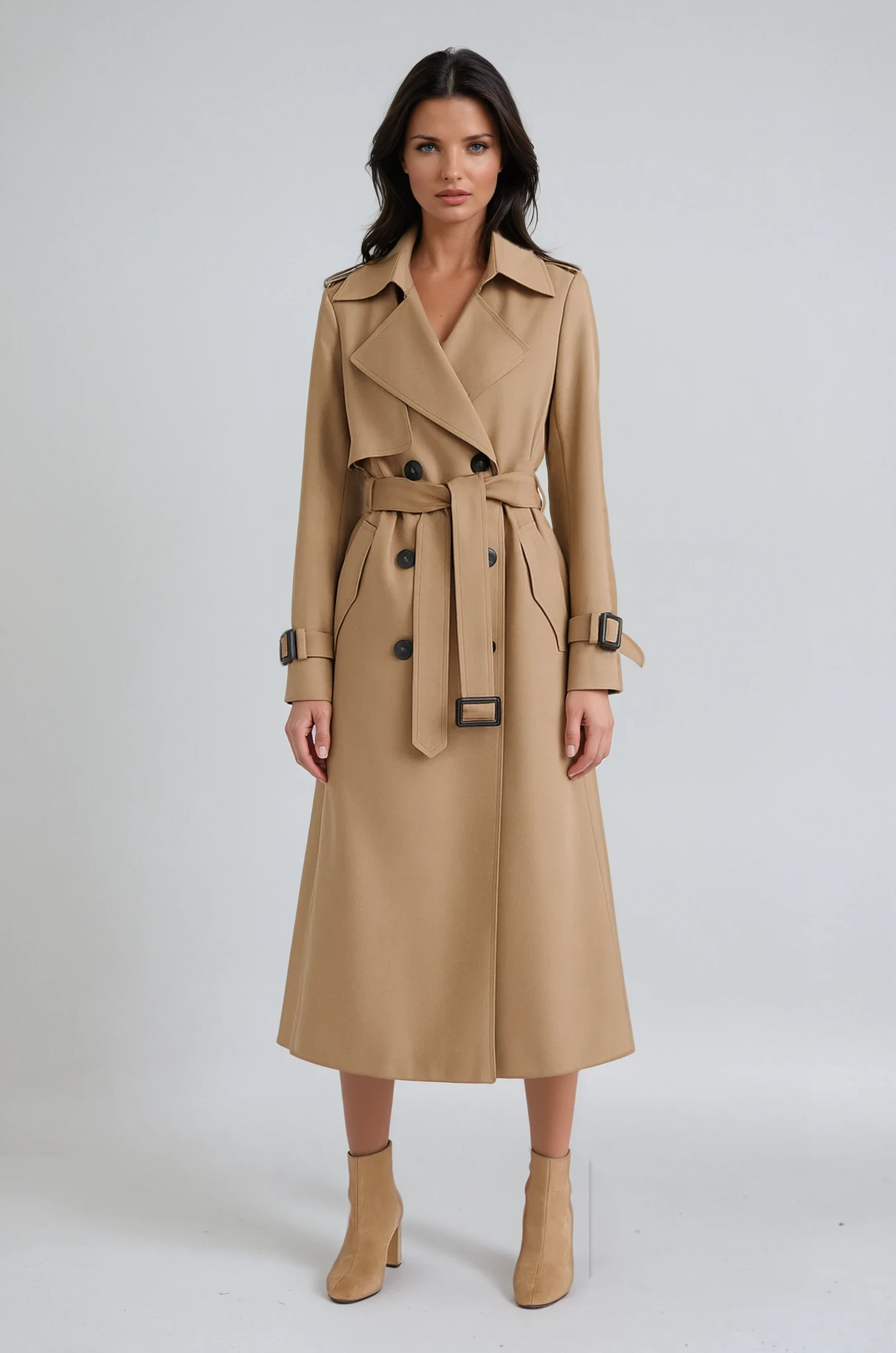 TRENCH COAT | LONG DOUBLE BREASTED COAT WITH BELT