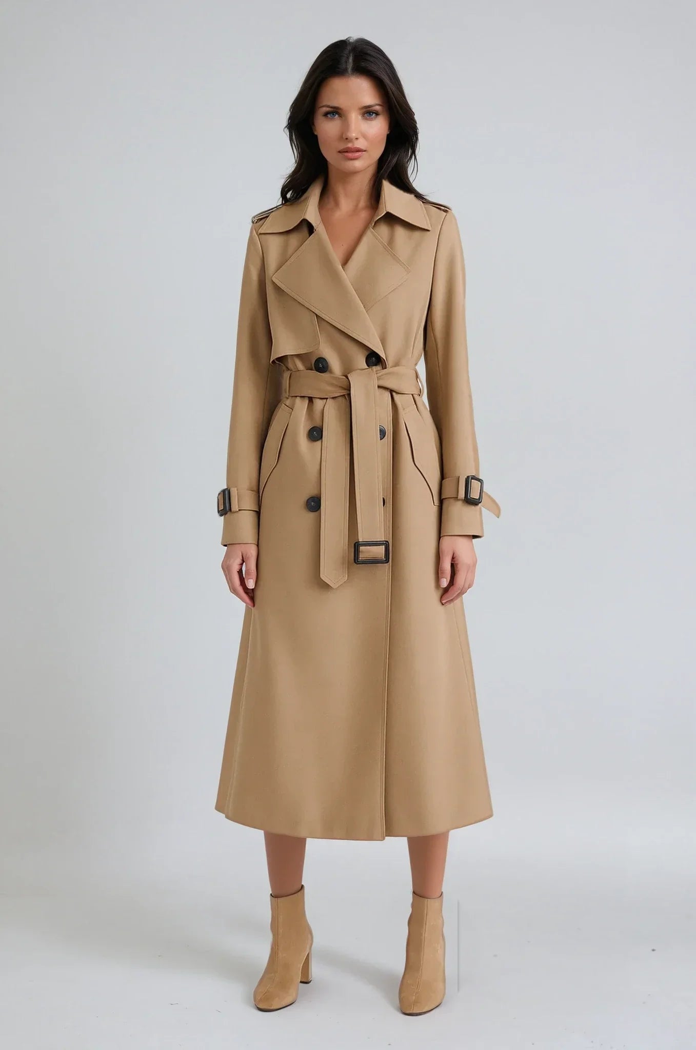 TRENCH COAT | LONG DOUBLE BREASTED COAT WITH BELT