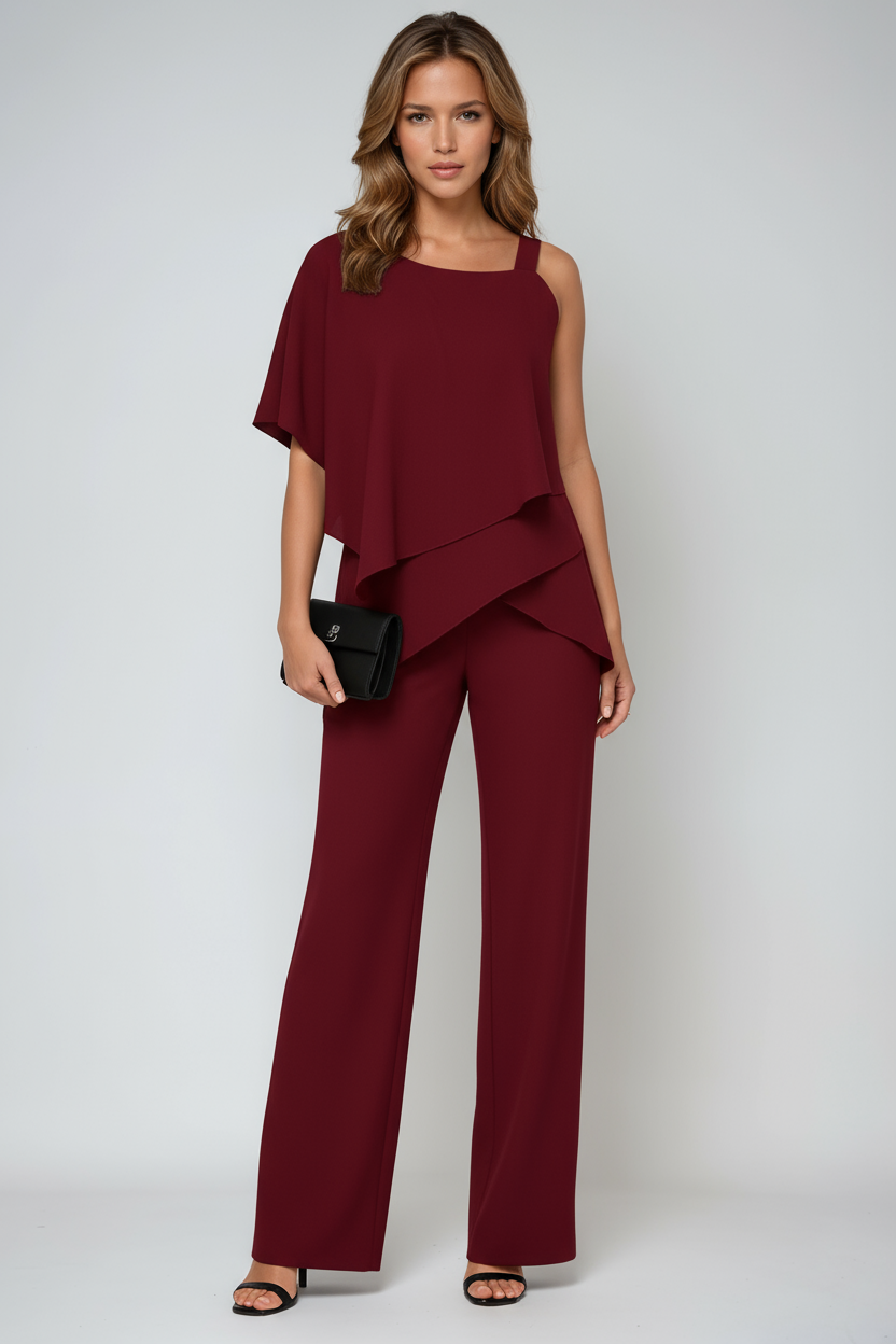 ASYMMETRICAL CHIFFON TOP & WIDE-LEG TROUSERS TWO-PIECE SET
