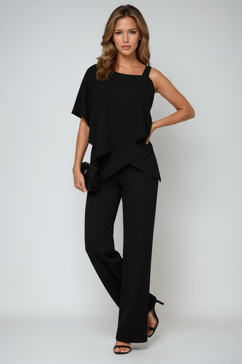 ASYMMETRICAL CHIFFON TOP & WIDE-LEG TROUSERS TWO-PIECE SET