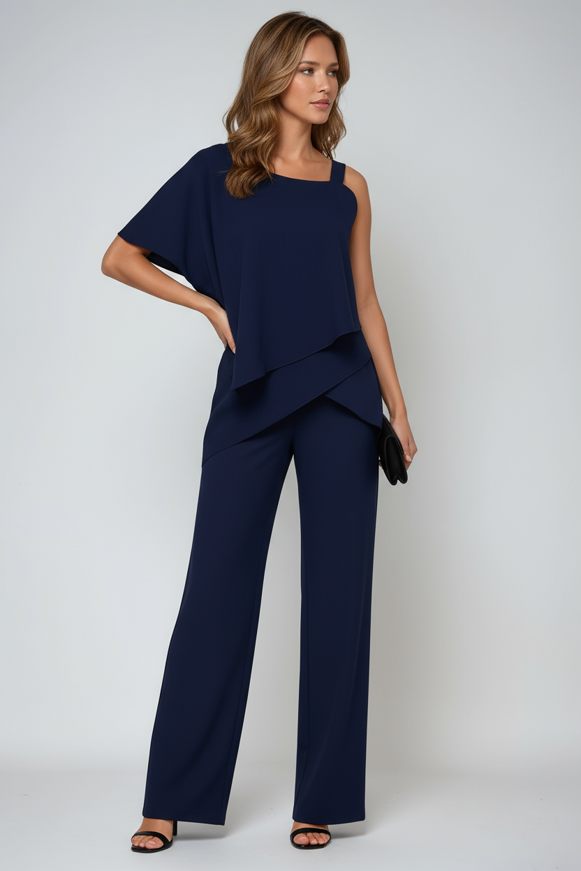 ASYMMETRICAL CHIFFON TOP & WIDE-LEG TROUSERS TWO-PIECE SET