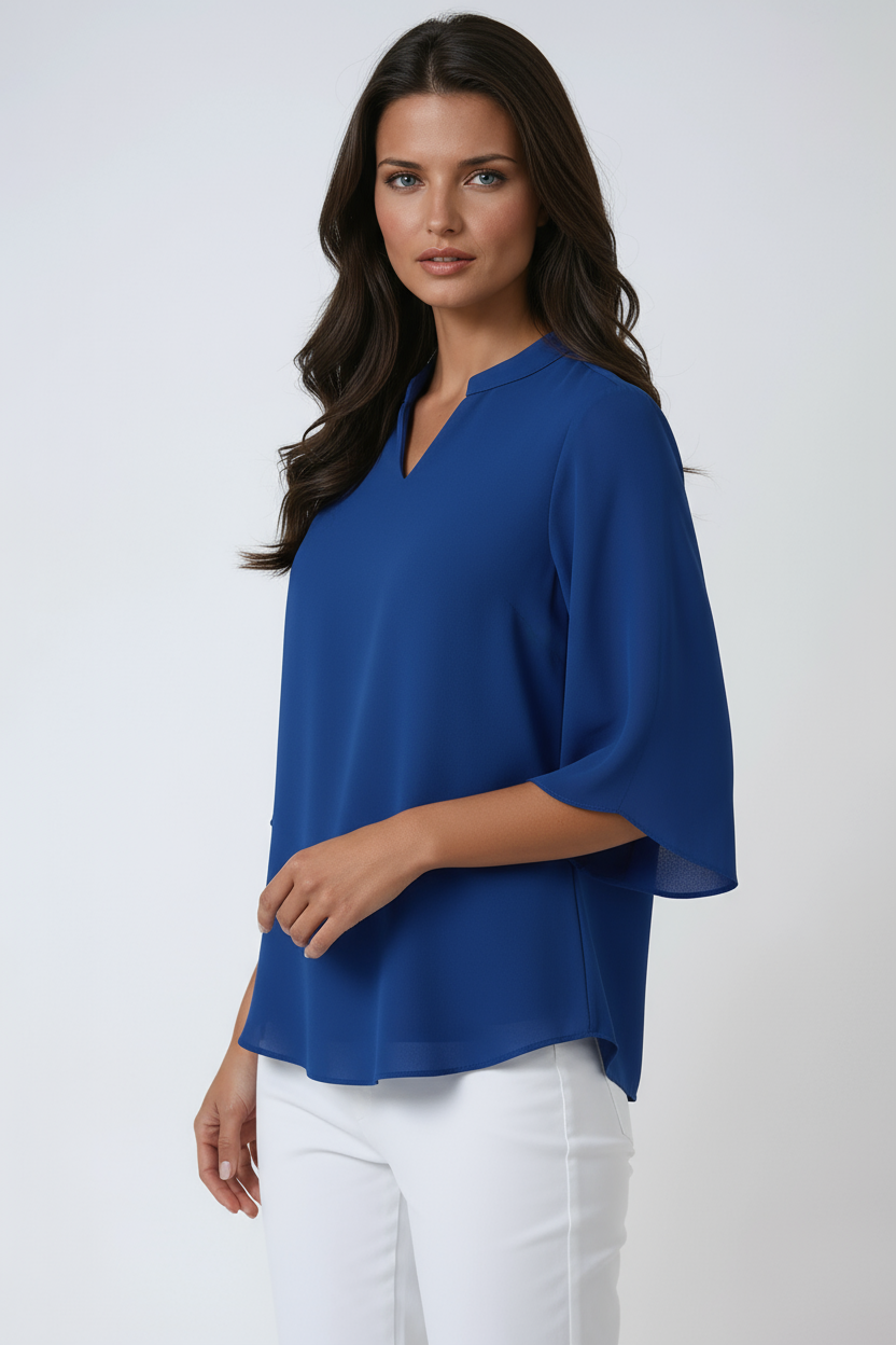 CHIFFON V-NECK BLOUSE - FLUTTER 3/4 SLEEVES