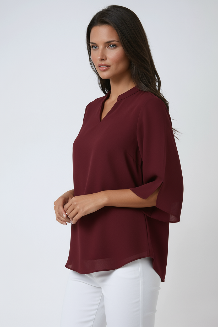 CHIFFON V-NECK BLOUSE - FLUTTER 3/4 SLEEVES