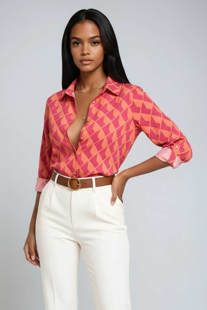 GRAPHIC CHIC | BLUE GEOMETRIC PRINT BUTTON-UP BLOUSE