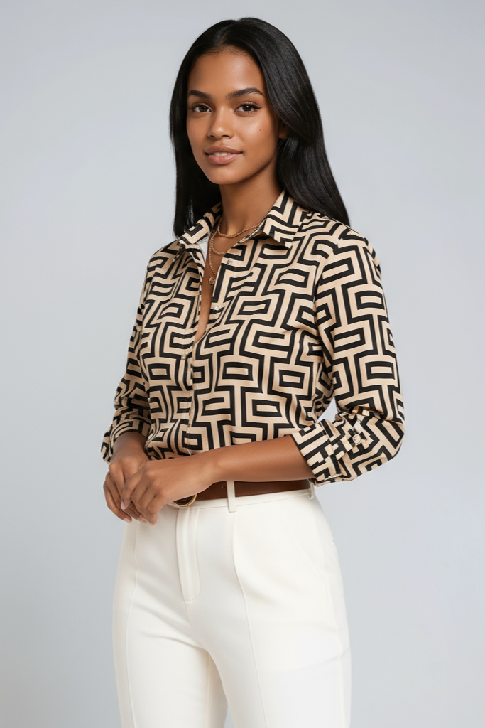 GRAPHIC CHIC | BLUE GEOMETRIC PRINT BUTTON-UP BLOUSE