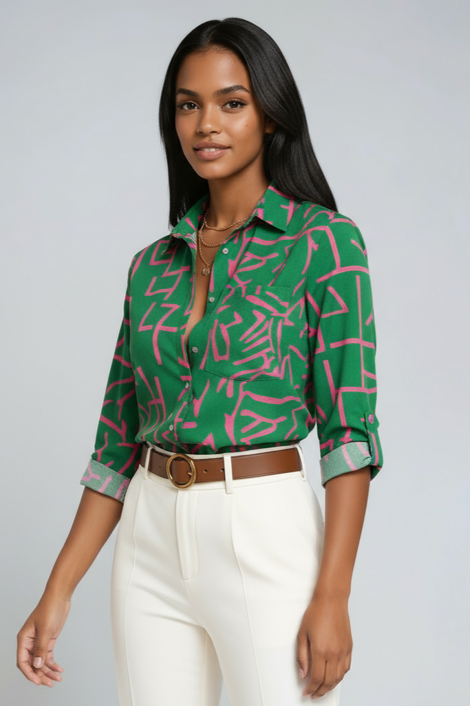 GRAPHIC CHIC | BLUE GEOMETRIC PRINT BUTTON-UP BLOUSE